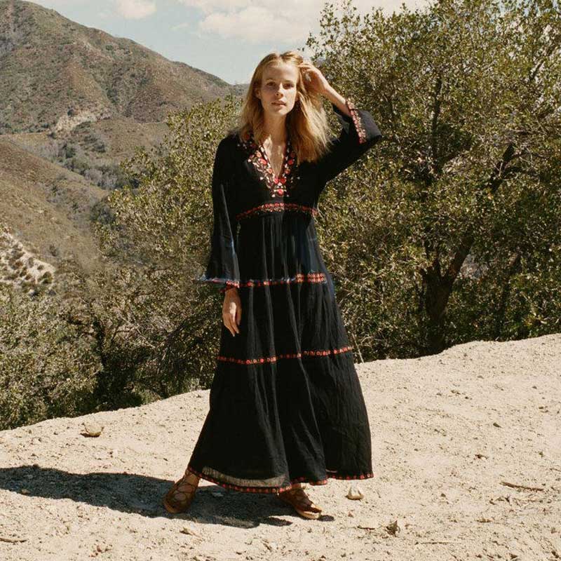 Robe Longue Bohème Dentelle Noire