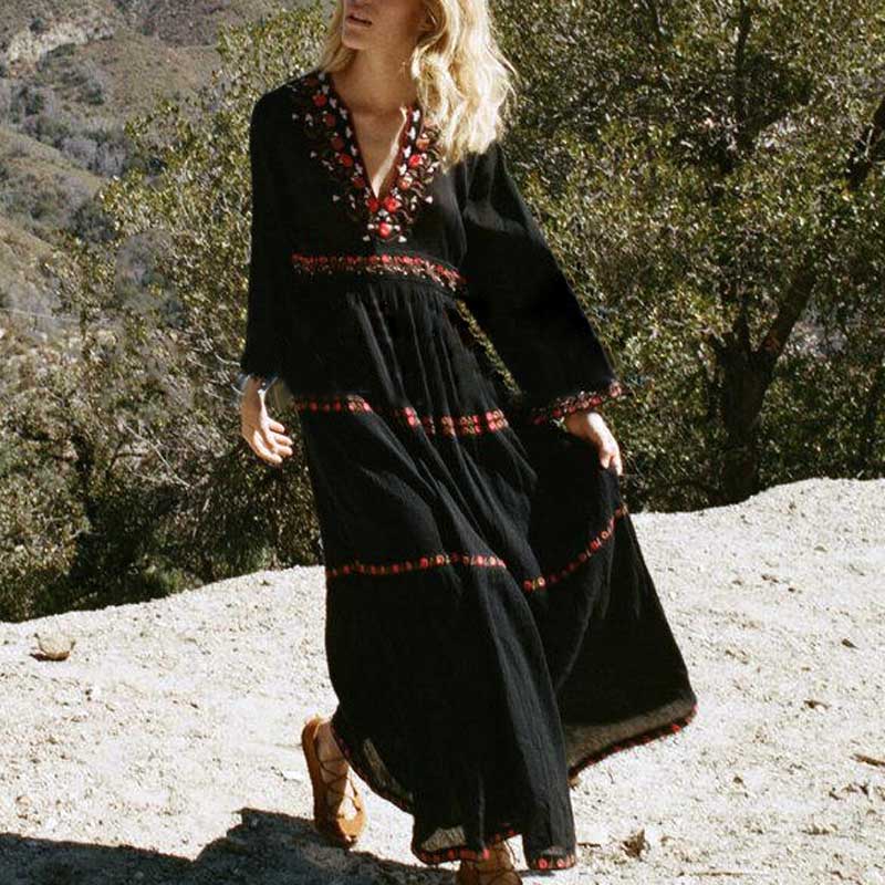 Robe Longue Bohème Dentelle Noire