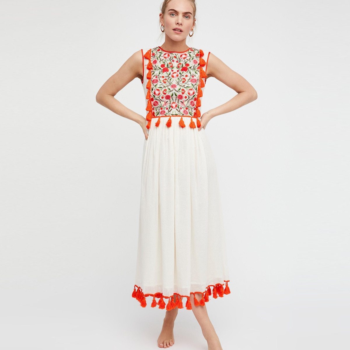 Robe Blanche Longue Style Bohème Chic - Rouge / S