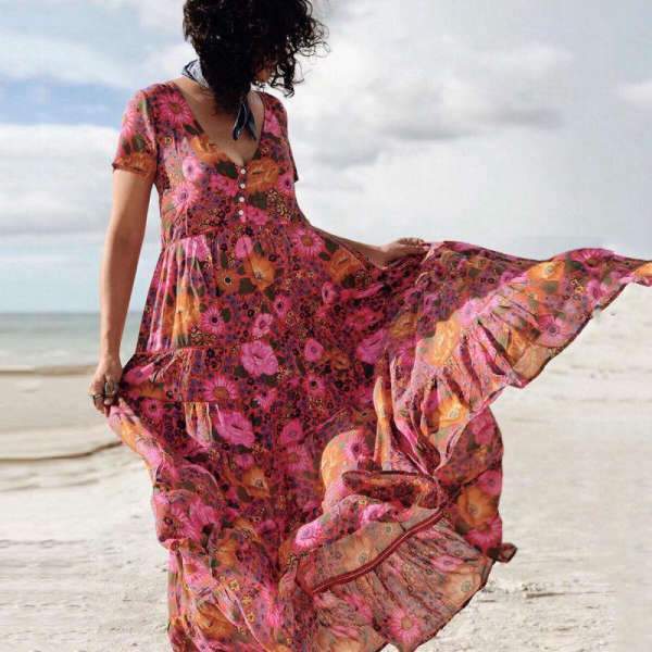 Robe Bohème à Fleurs - Rouge / S