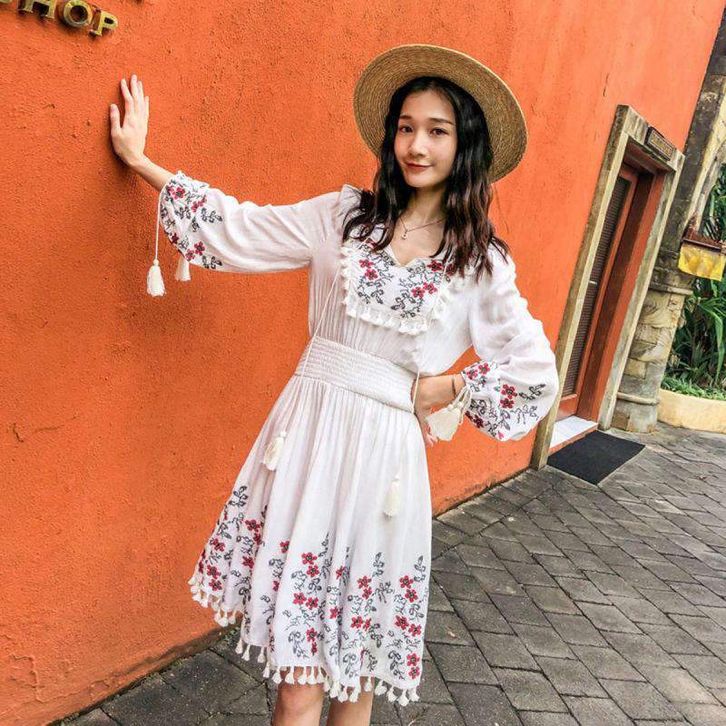 Robe Bohème Blanche Fleurie Courte - Blanc / S