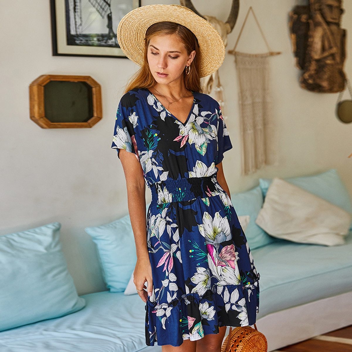 Robe boheme bleu fleurie