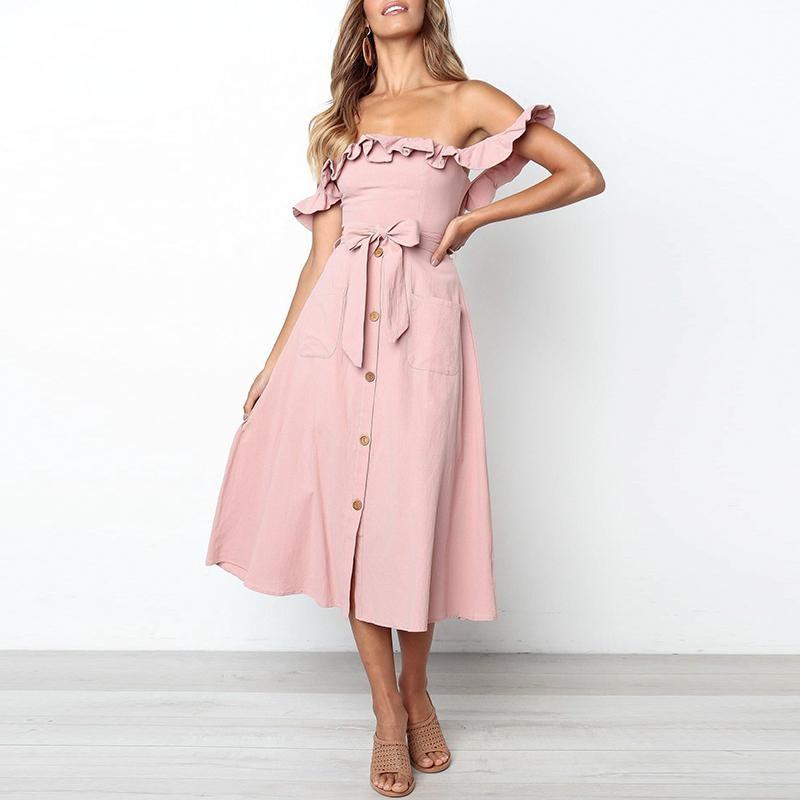 Robe Bohème Chic Épaules Dénudées - Rose / S