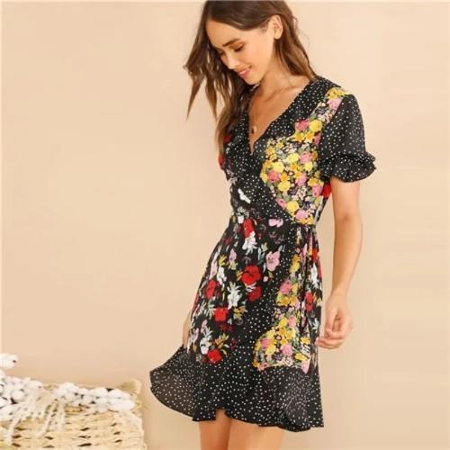 Robe Bohème Chic Manche Courte - Noir / XS