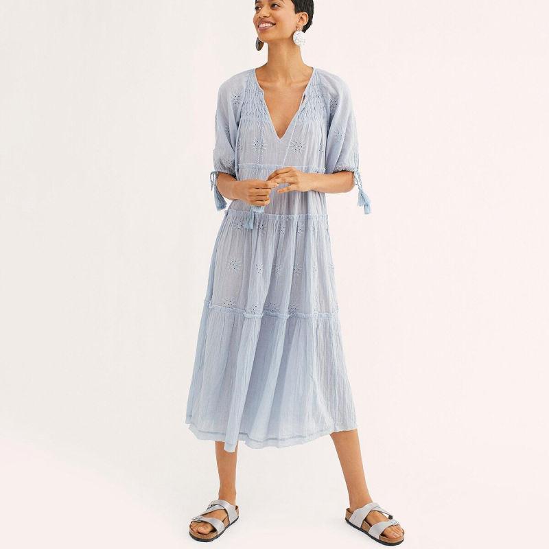 Robe Bohème Hippie Chic Blanche - Bleu / S