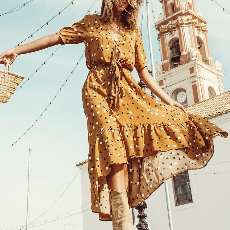 Robe Bohème Jaune à Pois - S