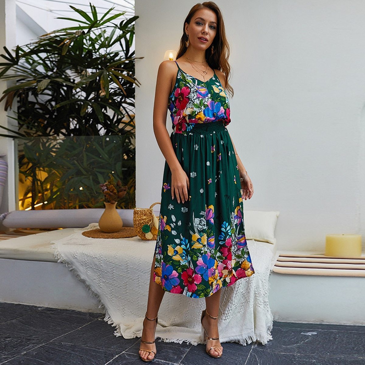 Robe bohème longue verte fleurie