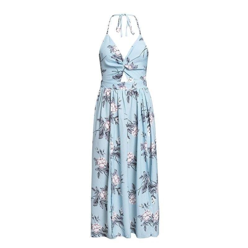 Robe Bohème Maxi Fleurie Dos Nu - Bleu / S