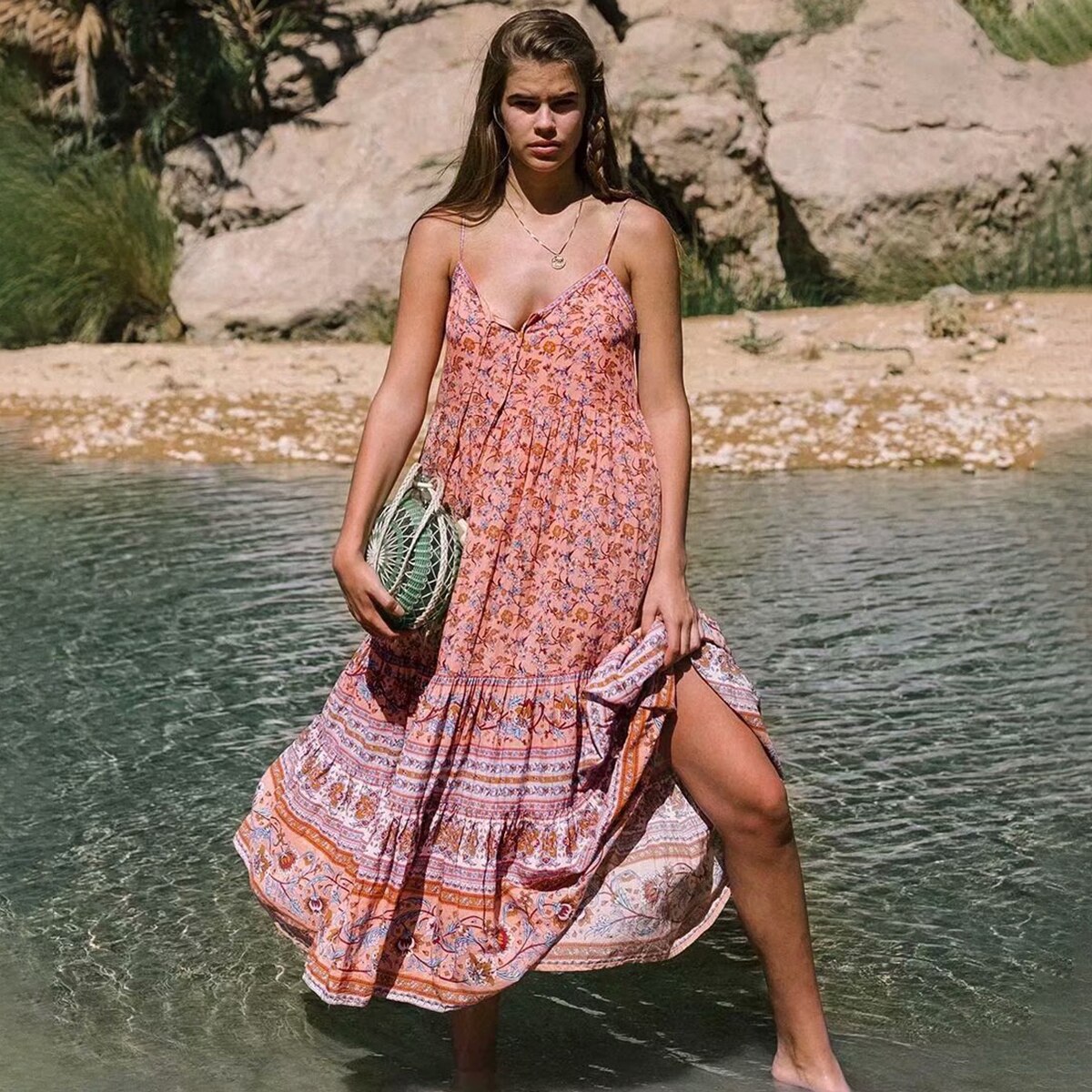 Robe boheme rose poudré