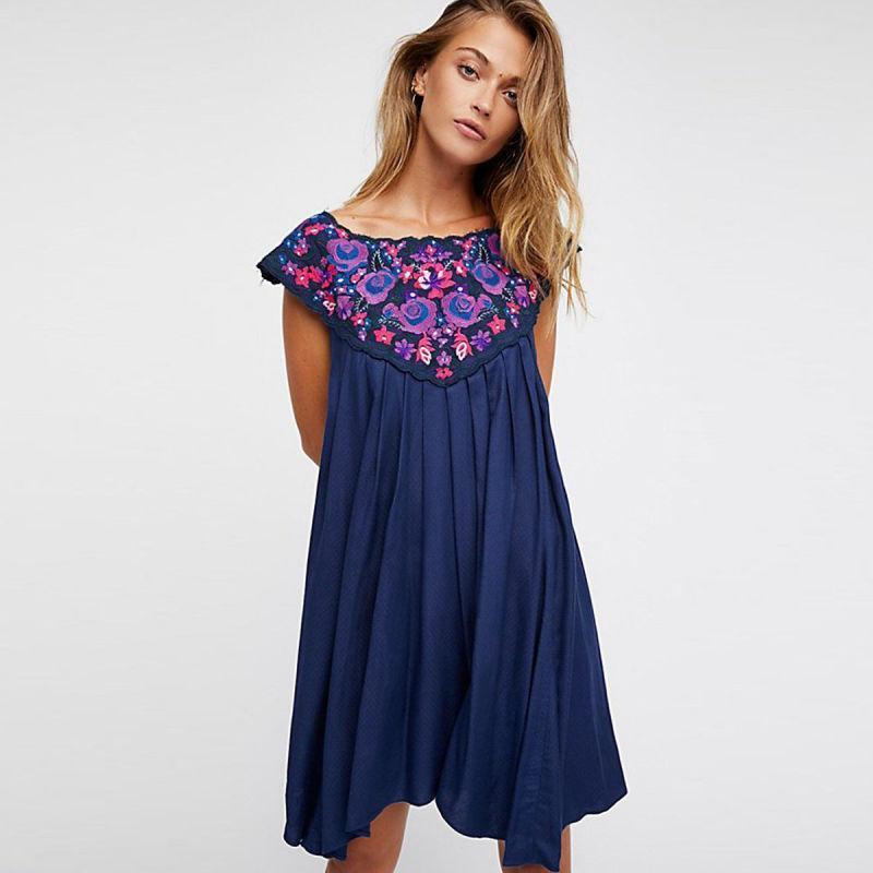 Robe Boho Fleurie - Bleu / S