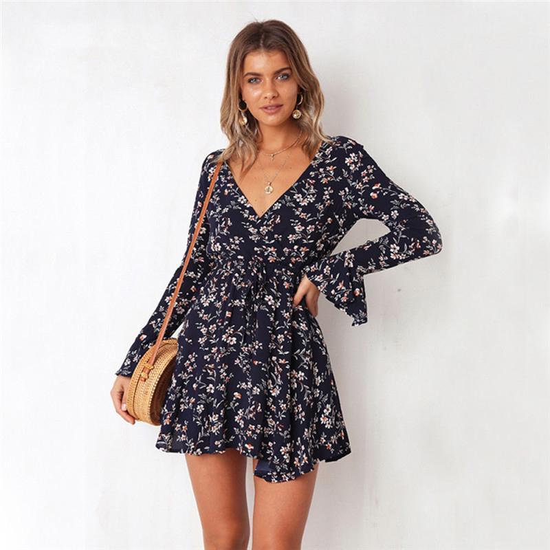 Robe Courte Bohème Manche Longue - XS / Bleu