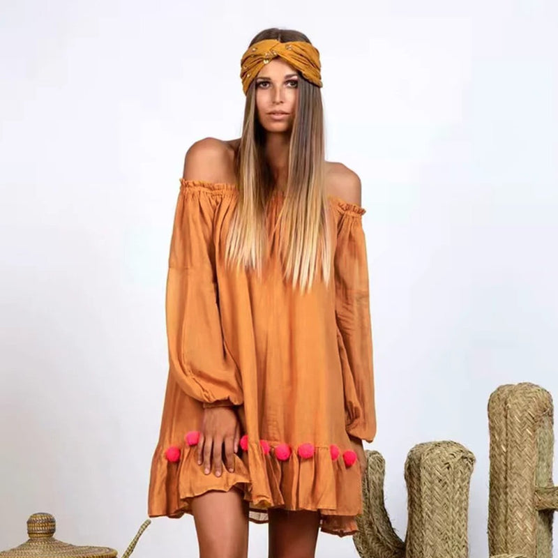 Robe courte hippie jaune - Orange / S
