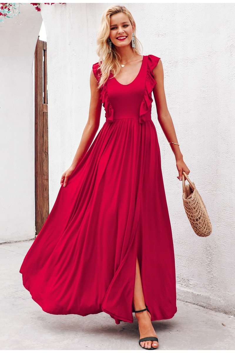 Robe de Soiree Longue Bohème Chic - Rouge / S