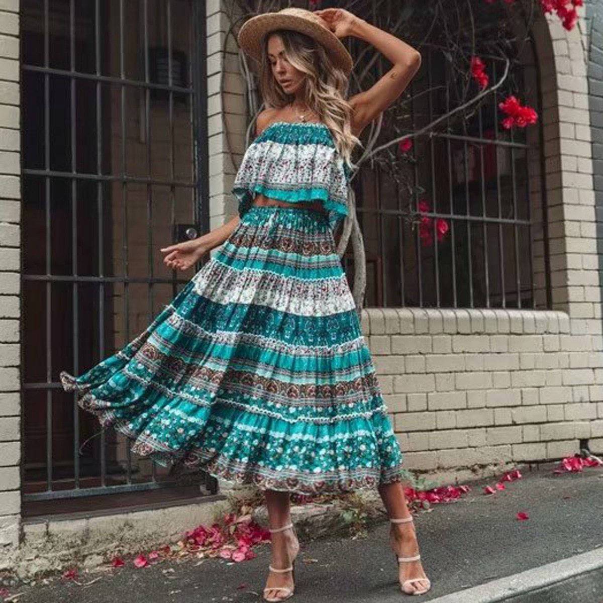 Robe Hippie Mi Longue - Vert / S