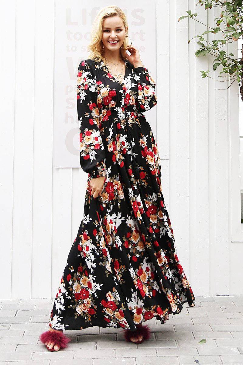 Robe longue Bohème Chic Fleurie - Noir / S