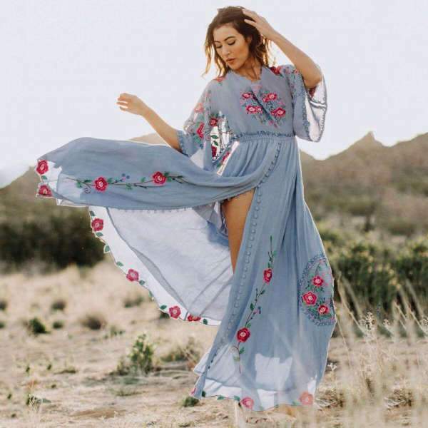 Robe Longue Bohème Chic Luxe - Bleu / S