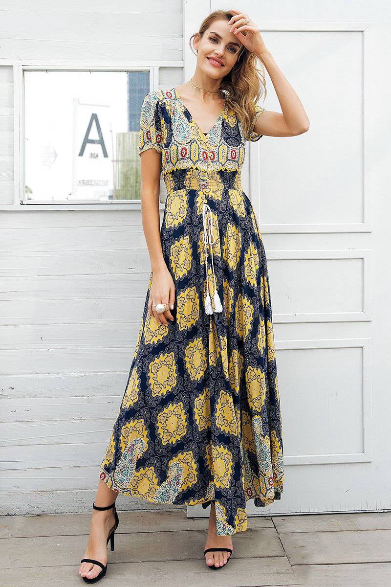 Robe Longue Bohème Ethnique - Jaune / S