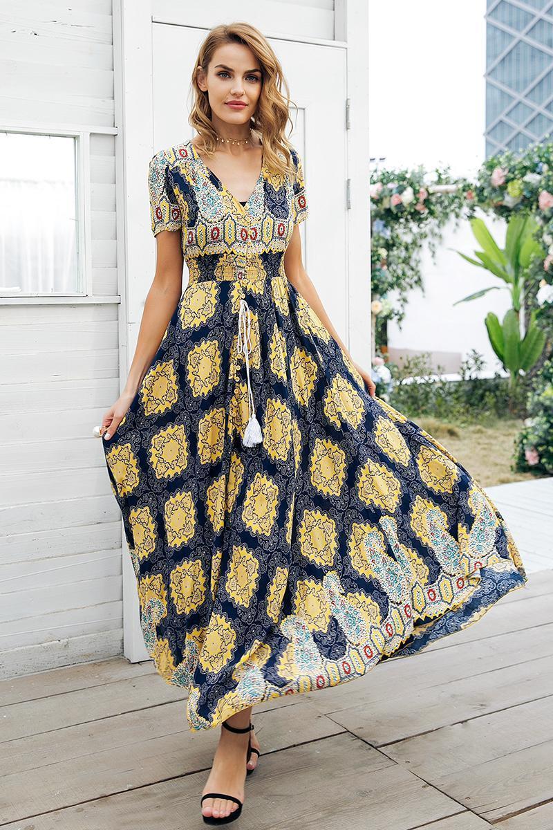 Robe Longue Bohème Ethnique - Jaune / S