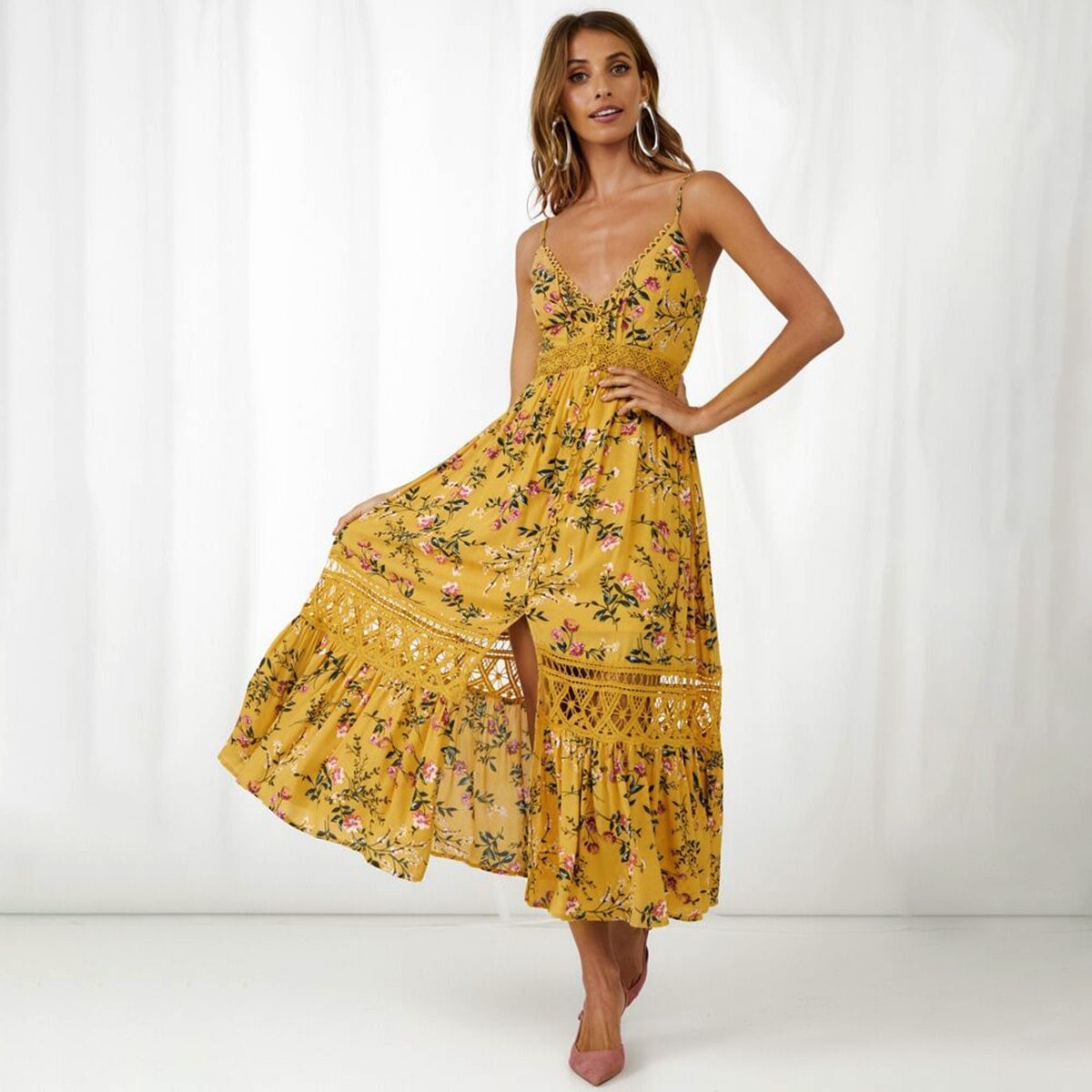 Robe longue bohème jaune - Jaune / S