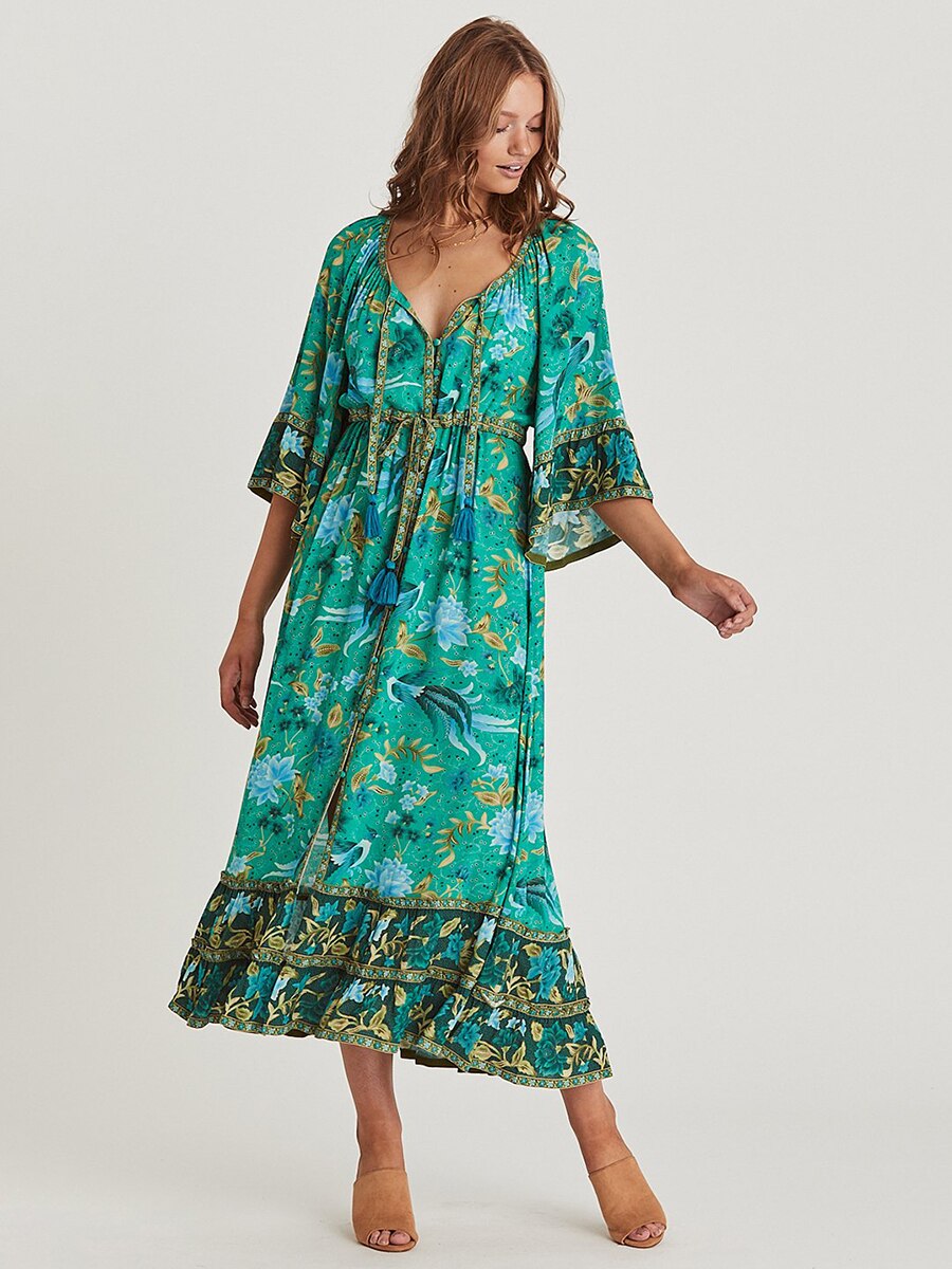 Robe Longue Bohème Verte - Vert / XS