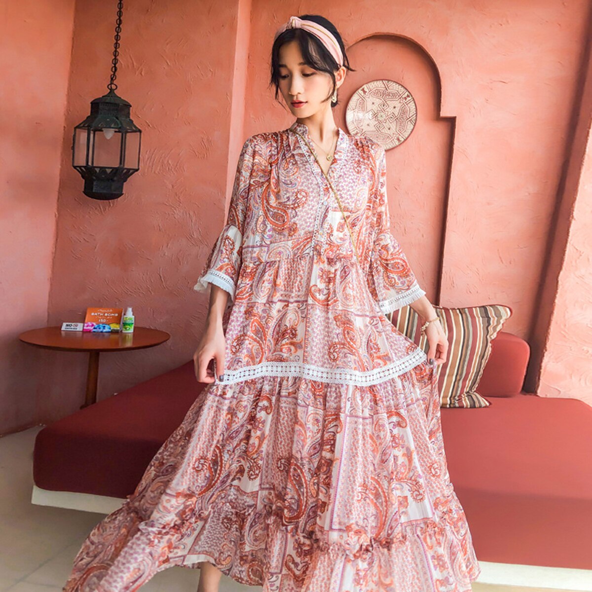 Robe longue boheme vieux rose