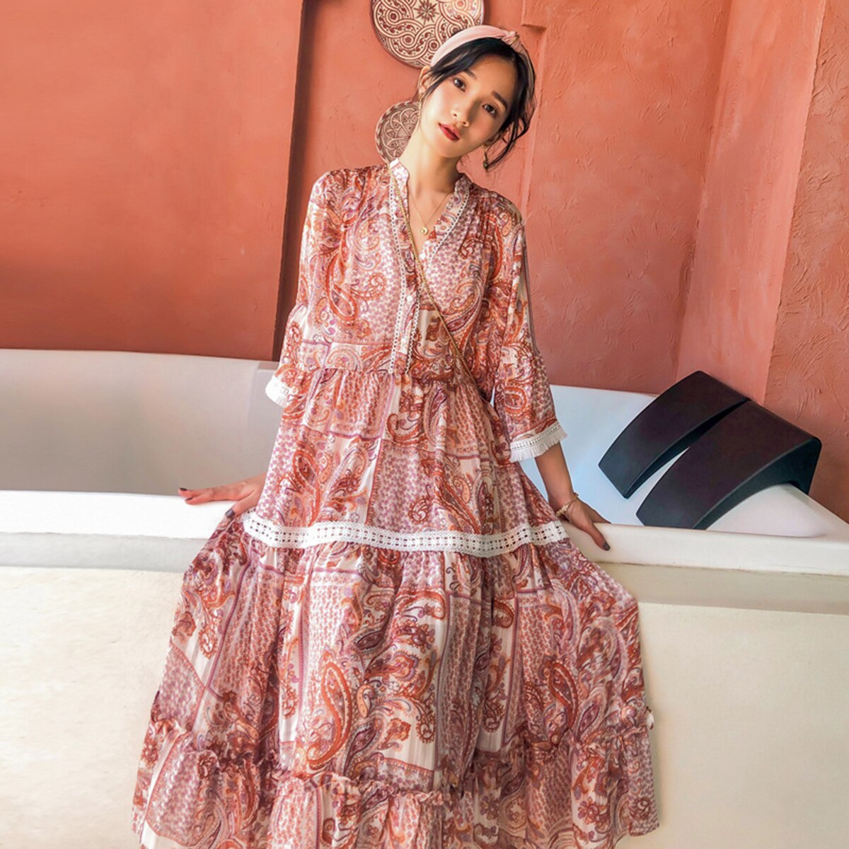 Robe longue boheme vieux rose