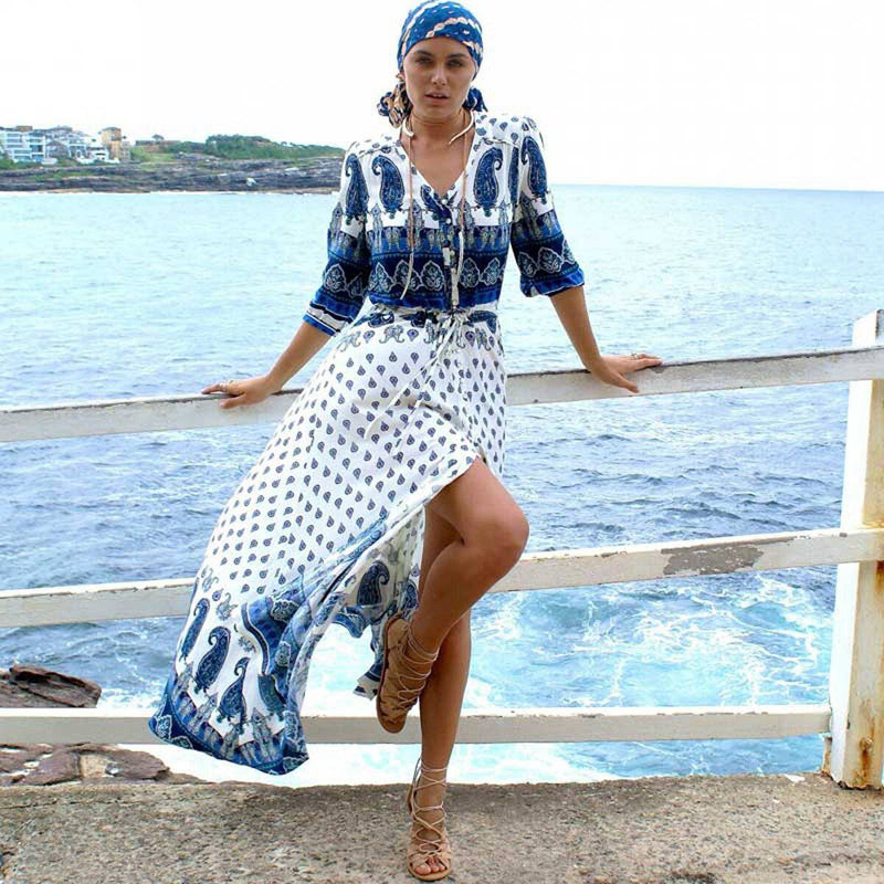 Robe Longue Boho Bleu Marine - Bleu / S