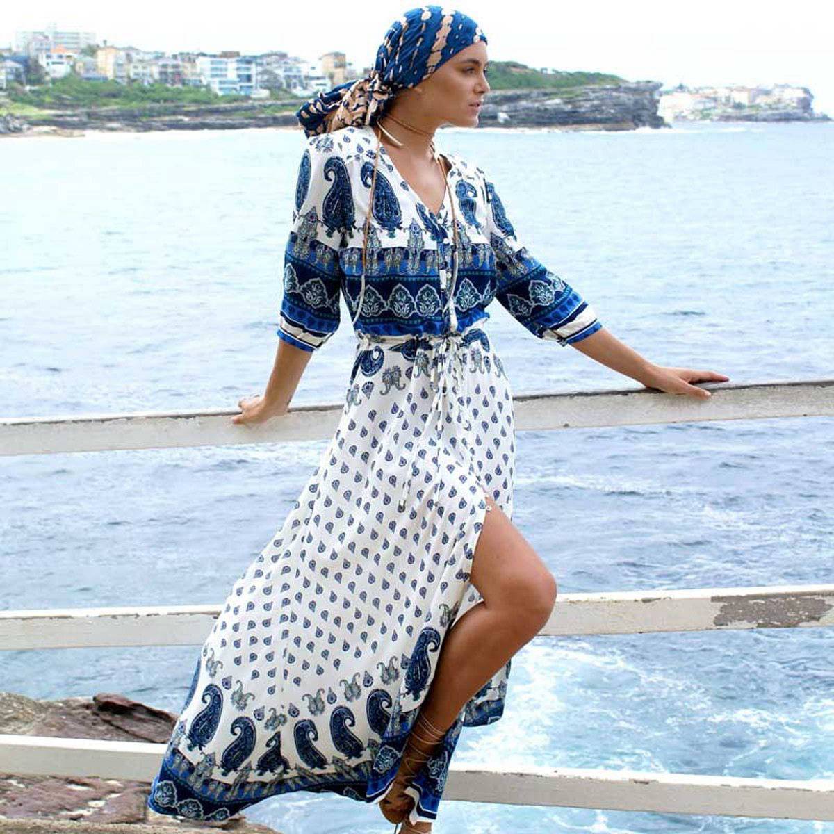 Robe Longue Boho Bleu Marine - Bleu / S