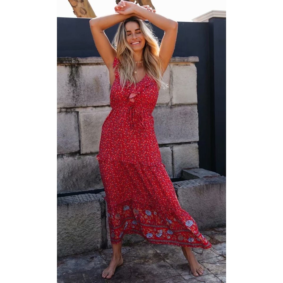 Robe Longue Boho Hippie Chic - Rouge / S