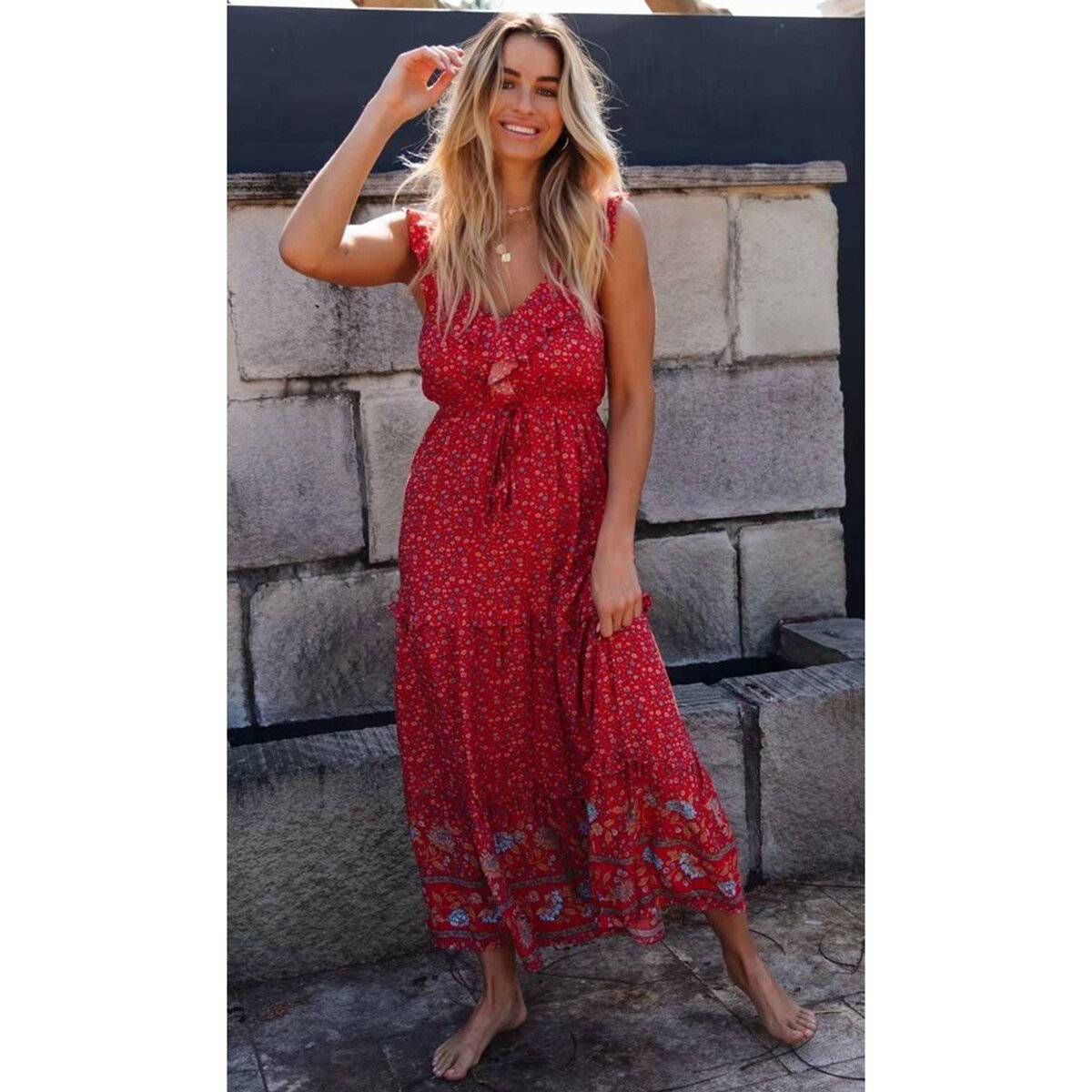 Robe Longue Été Hippie - Rouge / S