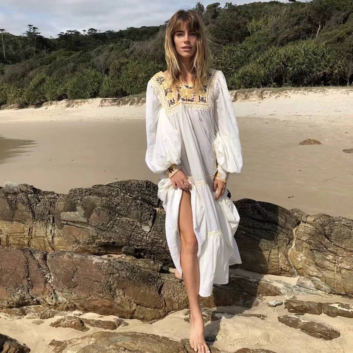 Robe Longue Hippie Bohème Blanche - Blanc / Taille Unique