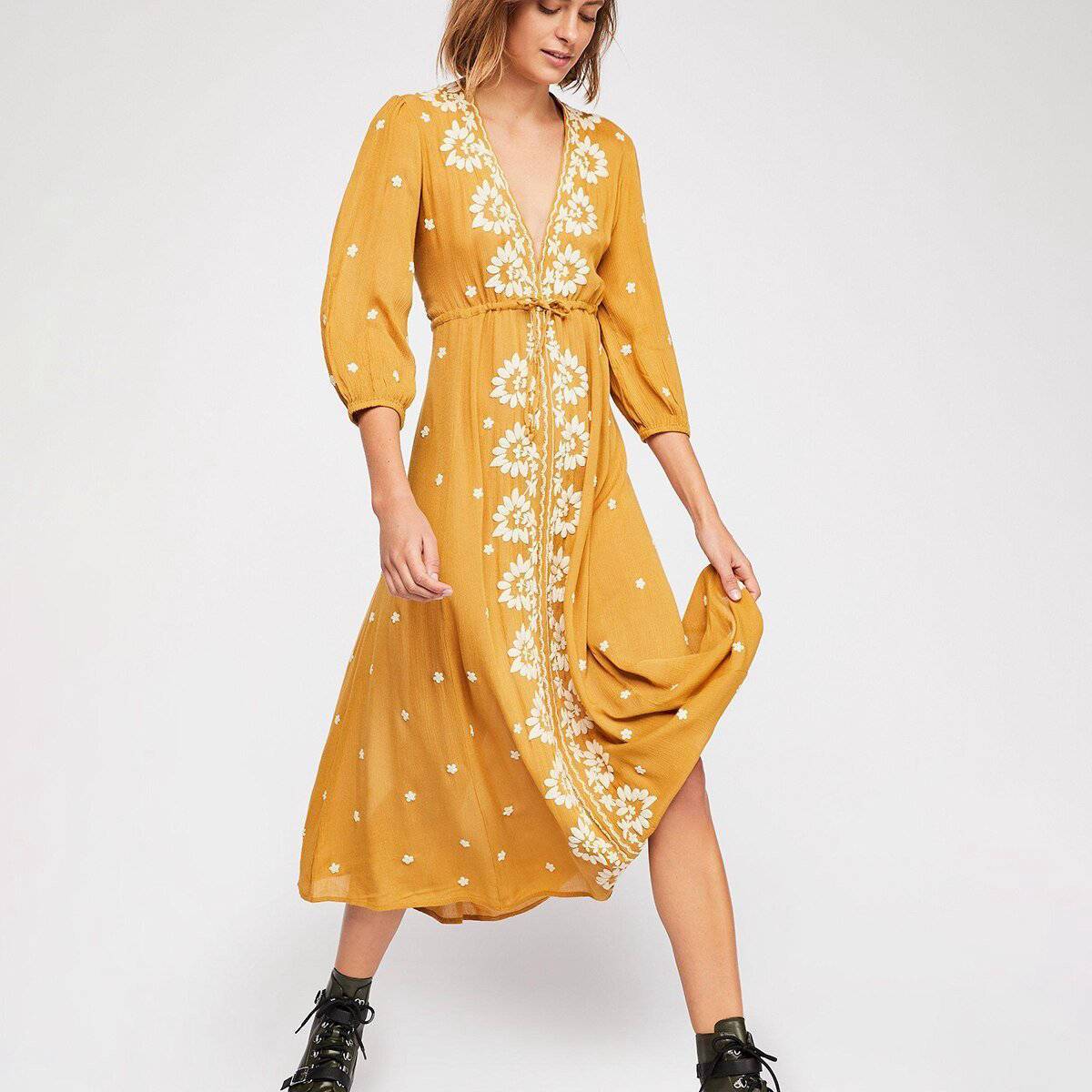 Robe Longue Hippie Pour Femme - Jaune / S