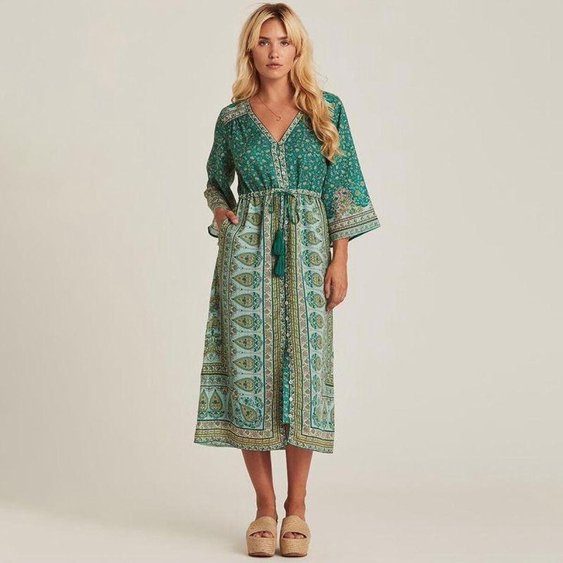 Robe Longue Style Bohème Chic Été - Vert / S