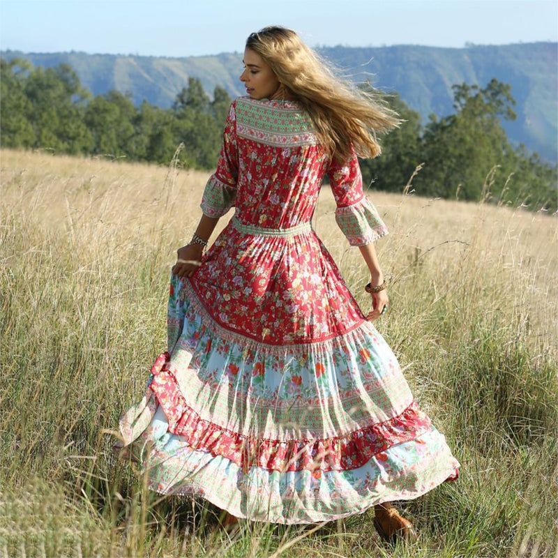 Robe Longue Style Bohème Chic Rose - Rouge / S