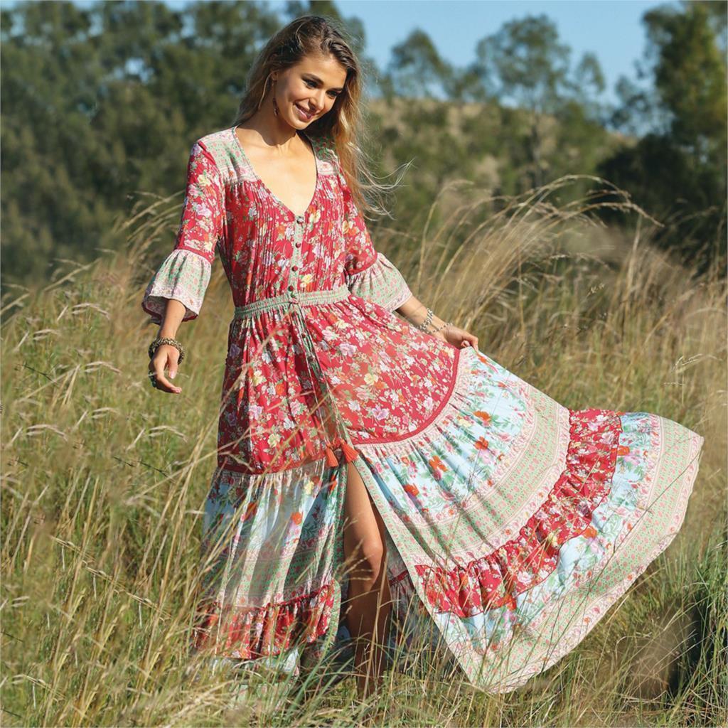 Robe Longue Style Bohème Chic Rose - Rouge / S