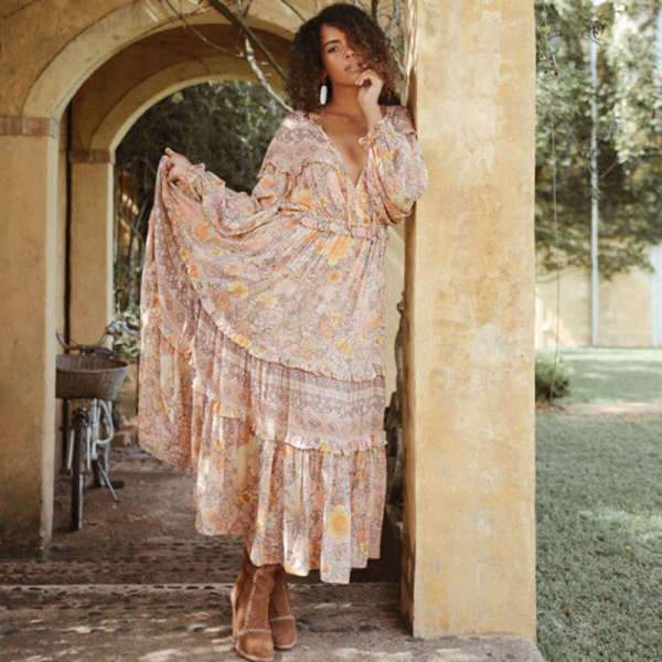 Robe Longue Style Bohème Hippie Chic - Rose / S