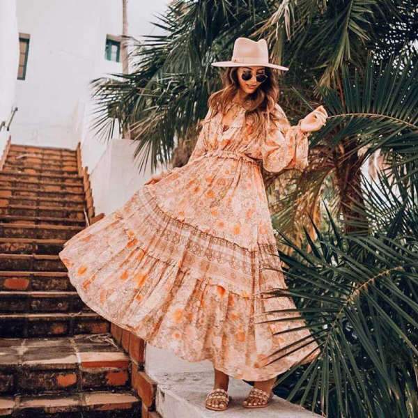 Robe Longue Style Bohème Hippie Chic - Rose / S