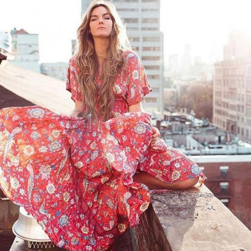 Robe Style Bohème Automne - Rouge / S