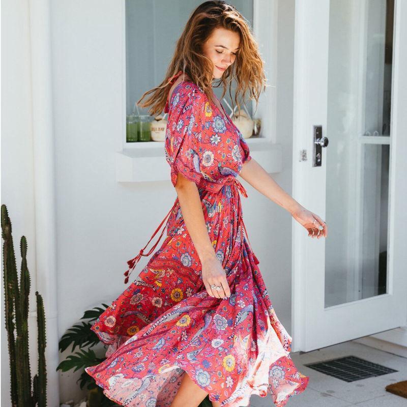 Robe Style Bohème Automne - Rouge / S