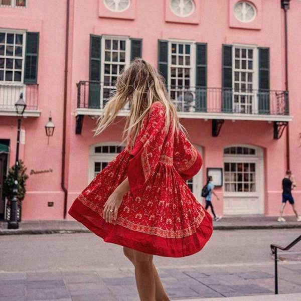 Robe Style Bohème Florale - Rouge / S