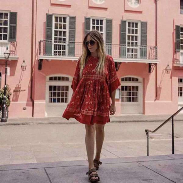 Robe Style Bohème Florale - Rouge / S